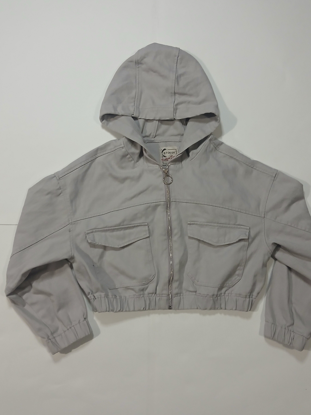 Stoosh Light Gray Hooded Cropped Puffer Jacket